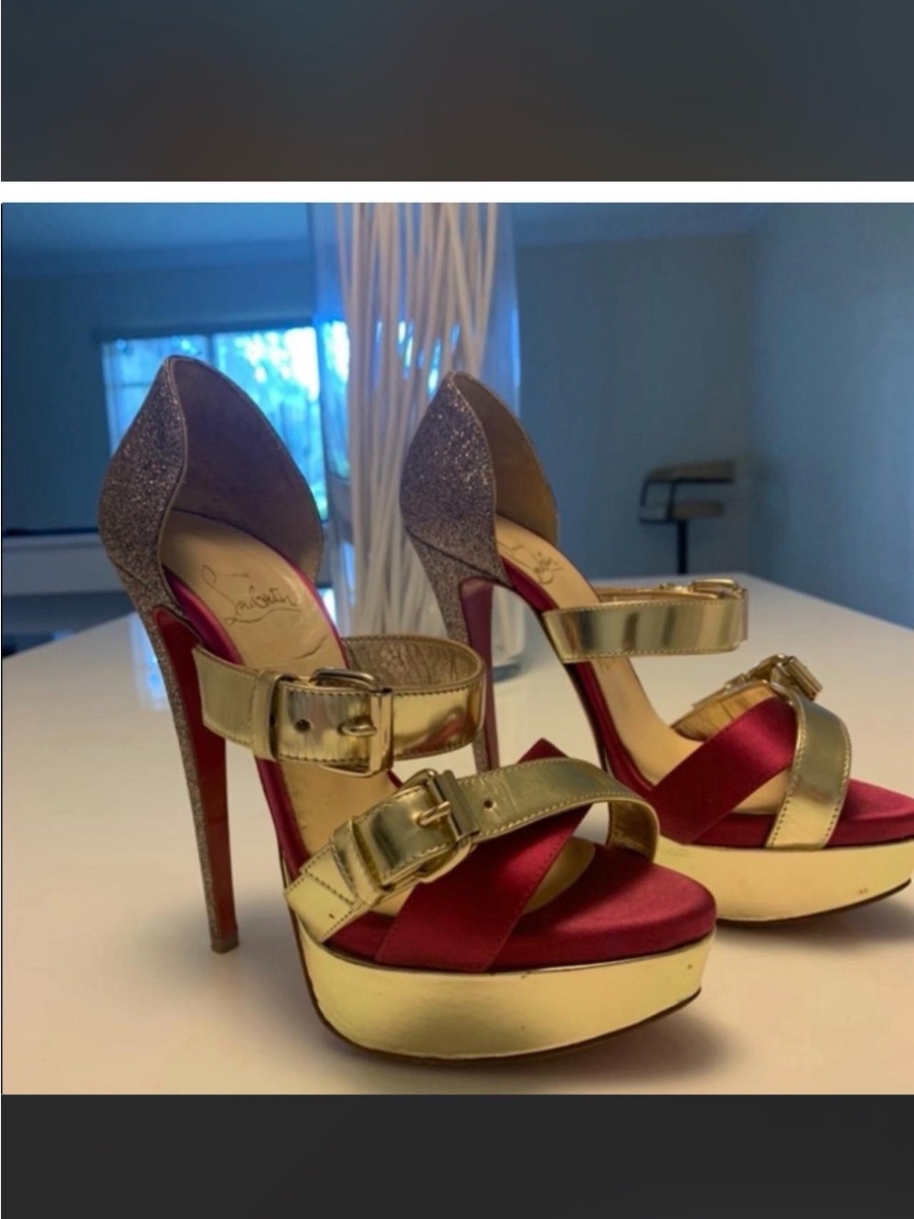 Christian Louboutin Gold & Burgundy Platform Sandal Heels with Glitter Detail